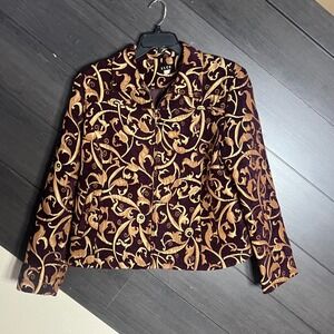 ELCC Womens Zip Up Jacket Heavy Textured Quilted Look XL Burgundy Gold VTG